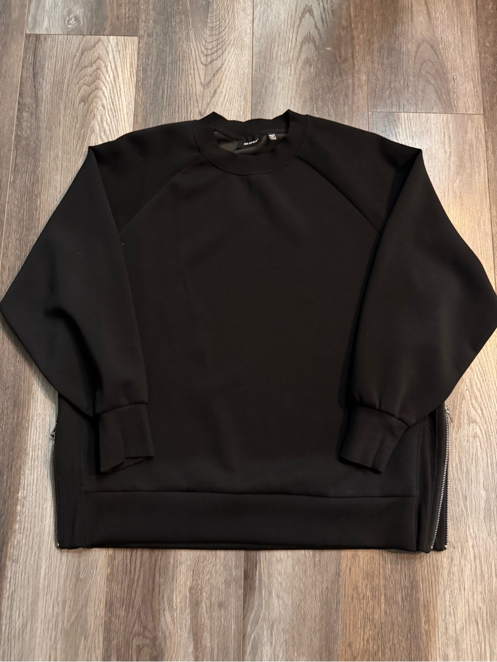 RD Style Black Crewneck Sweater with Side Zipper Accents